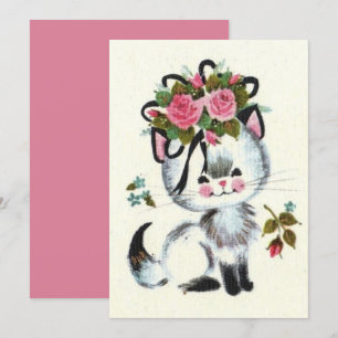 Vintage Christmas White Cat in Pink Floral Holiday Card