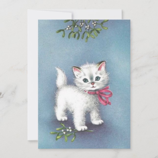Vintage Christmas White Cat Under Mistletoe Holiday Card (Front)