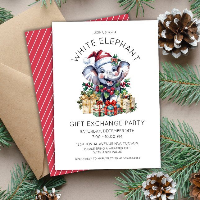 Vintage Christmas White Elephant Gift Exchange Invitation (Vintage happy white elephant Christmas party invitation for office holiday gift exchange events)