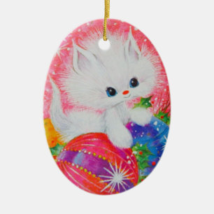 Vintage Christmas White Kitten Ceramic Ornament