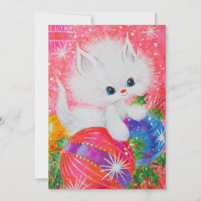 Vintage Christmas White Kitten Holiday Card (Front)