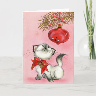 Vintage Christmas White Kitty Holiday Card