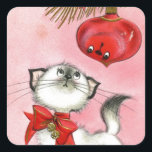 Vintage Christmas White Kitty Square Sticker<br><div class="desc">Vintage Christmas White Kitty</div>