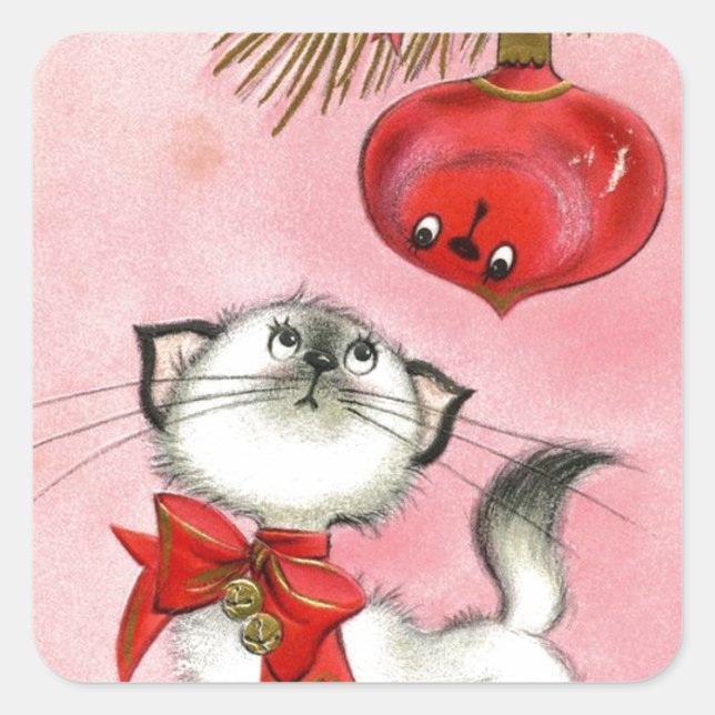 Vintage Christmas White Kitty Square Sticker (Front)