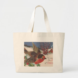 Vintage Christmas Winter Bird Large Tote Bag