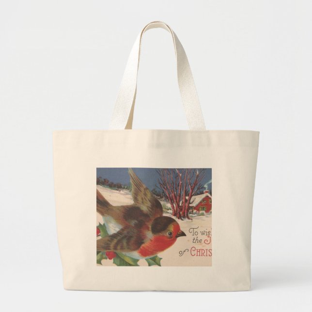 Vintage Christmas Winter Bird Large Tote Bag (Front)