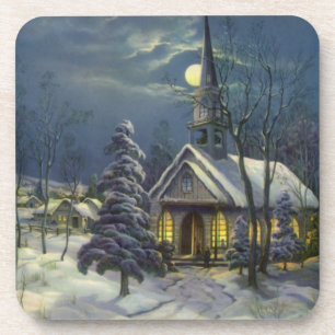 Vintage Christmas, Winter Church in Snow with Moon Coaster