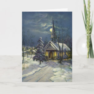 Vintage Christmas, Winter Church in Snow with Moon Holiday Card