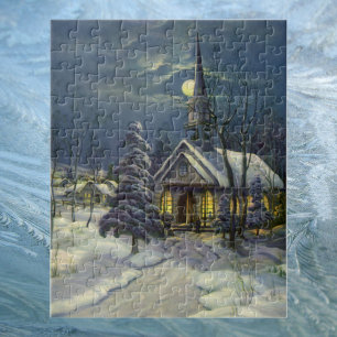 Vintage Christmas, Winter Church in Snow with Moon Jigsaw Puzzle