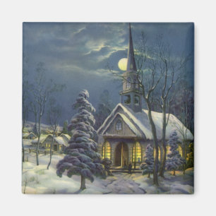 Vintage Christmas, Winter Church in Snow with Moon Magnet