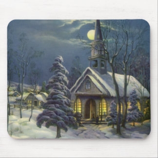 Vintage Christmas, Winter Church in Snow with Moon Mouse Pad