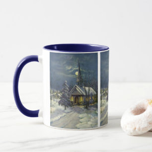 Vintage Christmas, Winter Church in Snow with Moon Mug