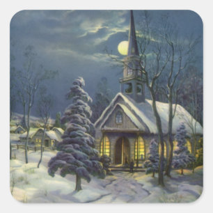 Vintage Christmas, Winter Church in Snow with Moon Square Sticker