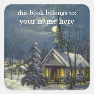 Vintage Christmas, Winter Church in Snow with Moon Square Sticker