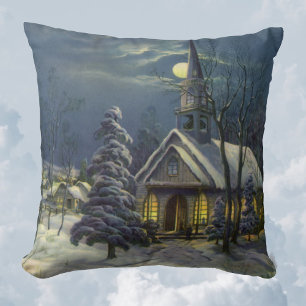 Vintage Christmas, Winter Church in Snow with Moon Throw Pillow