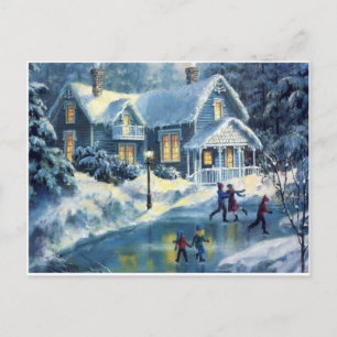 Vintage Christmas Winter Ice Skating Holiday Postcard