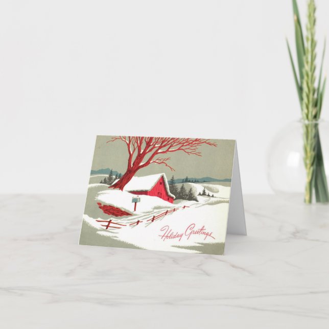 Vintage Christmas Winter Red Barn Holiday Card (Front)
