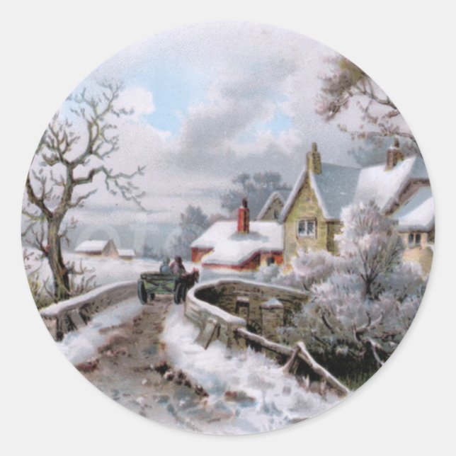 Vintage Christmas Winter Scene Classic Round Sticker (Front)