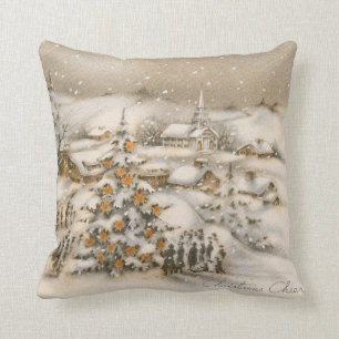 Vintage Christmas Winter Scene Cream & White Throw Pillow