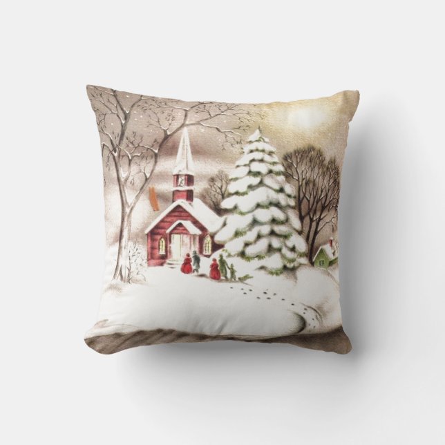Vintage Christmas Winter Scene Throw Pillow (Front)