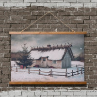 Vintage Christmas Winter Scene with Cabin
