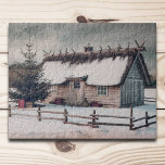 Vintage Christmas Winter Scene with Cabin Jigsaw Puzzle<br><div class="desc">A puzzle with a vintage image of a snowy landscape with a cabin,  its thatched roof and wooden fence,  a pin tree and some gift packages. The sky is sparkling with stars. It will be perfect as a gift to a puzzle addicted!</div>