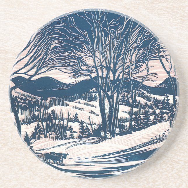 Vintage Christmas, Winter Snow Mountain Landscape  Coaster (Front)
