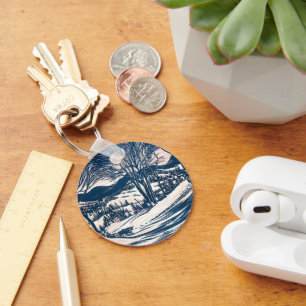 Vintage Christmas, Winter Snow Mountain Landscape Keychain