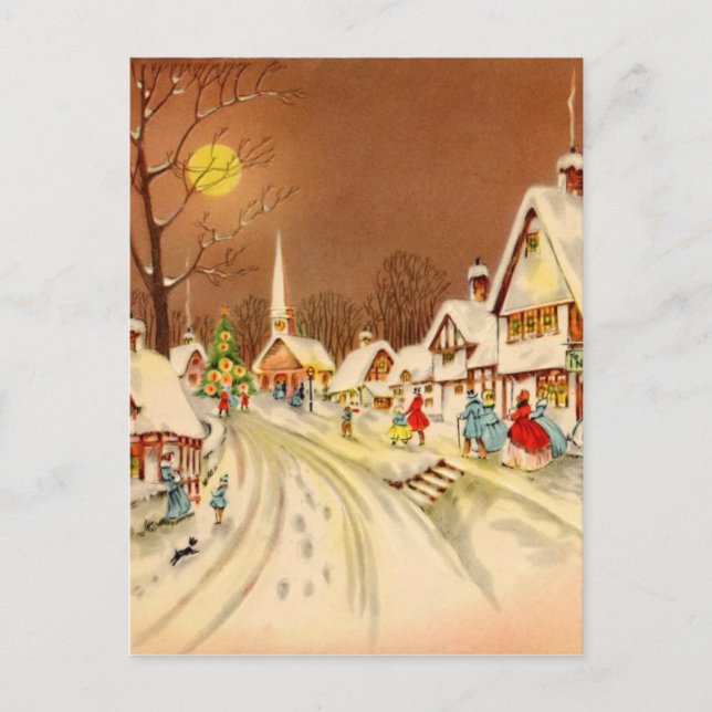 Vintage Christmas Winter Snow Town Holiday Postcard (Front)