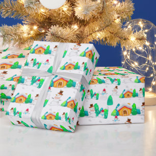 Vintage Christmas Winter Snowman Cottage Trees  Wrapping Paper