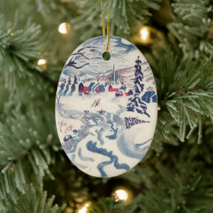Vintage Christmas, Winter Village Snowscape Snow Ceramic Ornament