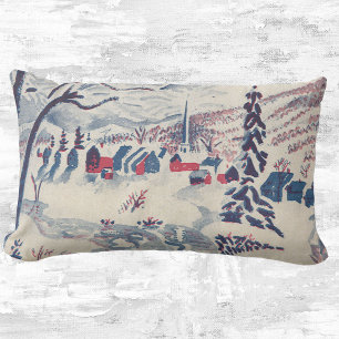 Vintage Christmas, Winter Village Snowscape Snow Lumbar Pillow