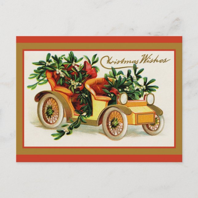Vintage Christmas Wishes Greetings Antique Car Postcard (Front)