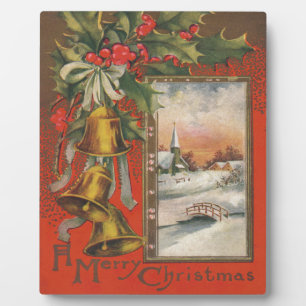 Vintage Christmas with Bells, Holly, Village Plaque