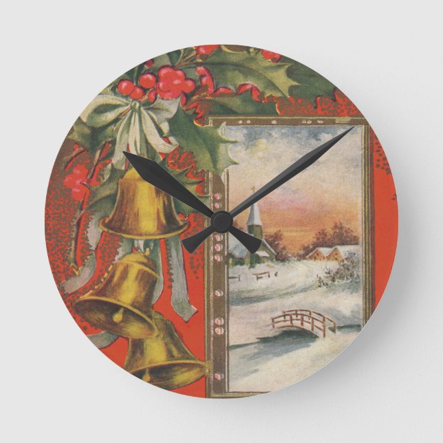 Vintage Christmas with Bells Round Clock (Front)