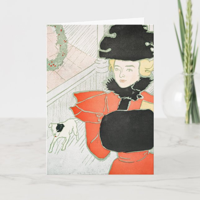 Vintage Christmas Woman and Dog Painting Holiday (Front)