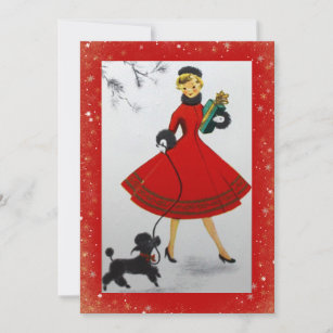 Vintage Christmas Woman Dog Red Gold Holiday Card
