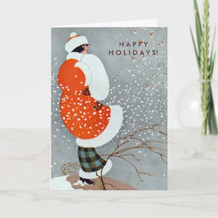 Vintage Christmas Woman in Red Coat with Birds Holiday Card