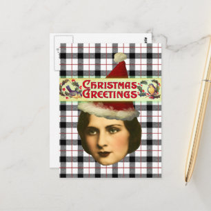 Vintage Christmas Woman in Santa Hat Postcard