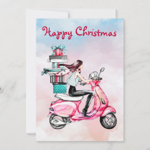 Vintage Christmas woman on a pink scooter Holiday Card