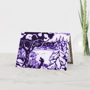 VIntage Christmas Woodcut, skier in the forest Holiday Card