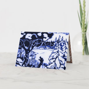 VIntage Christmas Woodcut, skier in the forest Holiday Card