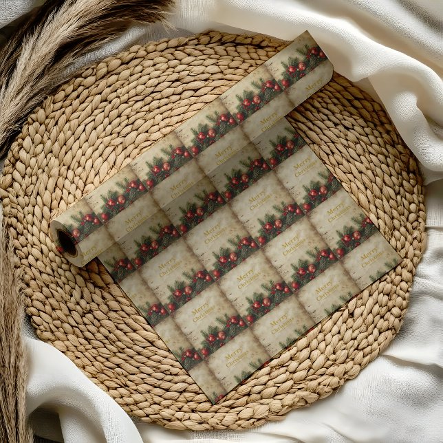 Vintage Christmas Wrapping Paper (Vintage Christmas wrapping paper — burnt parchment with red & green motifs for timeless gift wrap.!!)