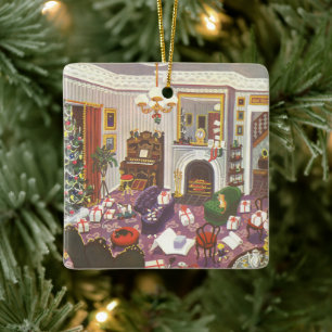 Vintage Christmas Wrapping Presents in Living Room Ceramic Ornament