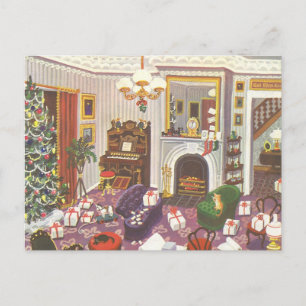 Vintage Christmas Wrapping Presents in Living Room Holiday Postcard