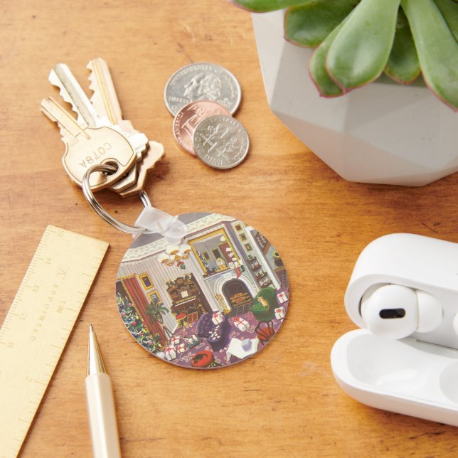 Vintage Christmas Wrapping Presents in Living Room Keychain (Desk)