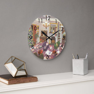 Vintage Christmas Wrapping Presents in Living Room Large Clock