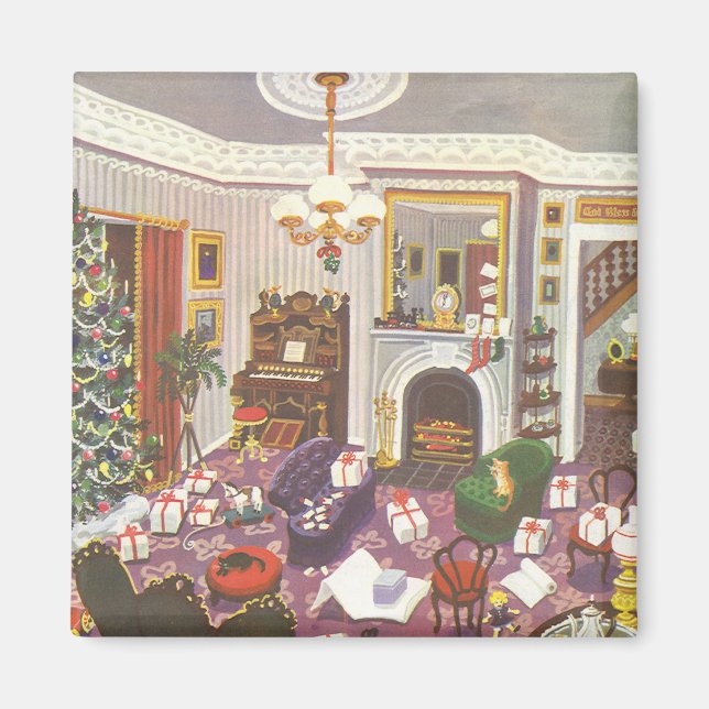 Vintage Christmas Wrapping Presents in Living Room Magnet (Front)