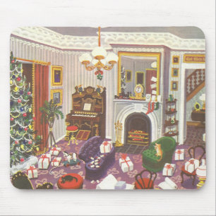 Vintage Christmas Wrapping Presents in Living Room Mouse Pad