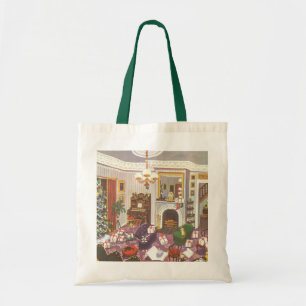 Vintage Christmas Wrapping Presents in Living Room Tote Bag
